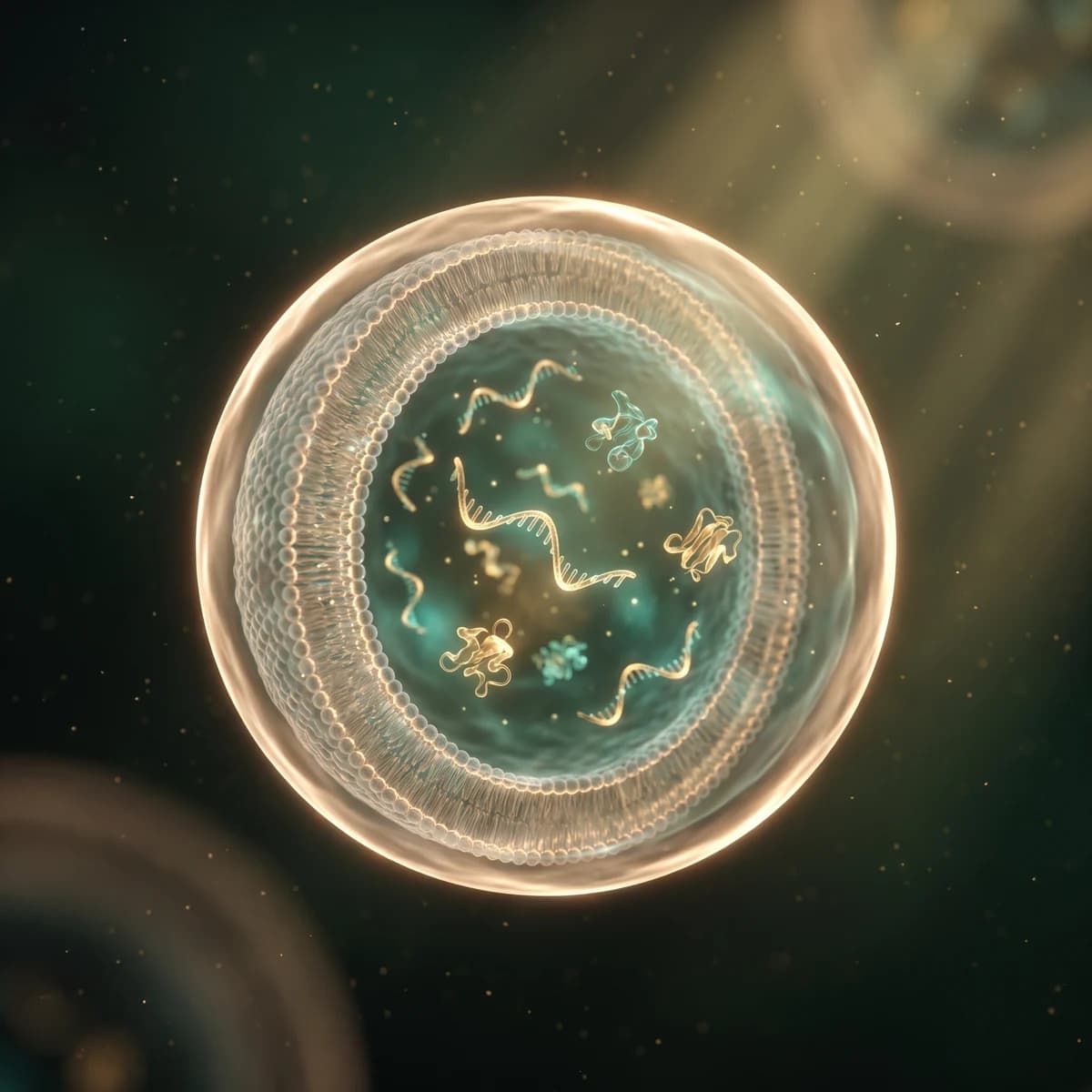 Cross-section of an exosome — its lipid bilayer membrane and regenerative cargo of proteins, growth factors and mRNA